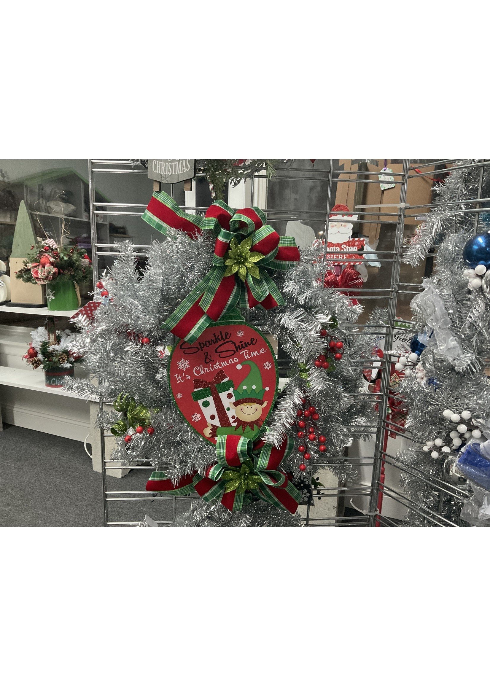 My New Favorite Thing Wreath Silver Tinsel "Sparkle & Shine It's Christmas Time" with Red and Green Ribbon 24 inches