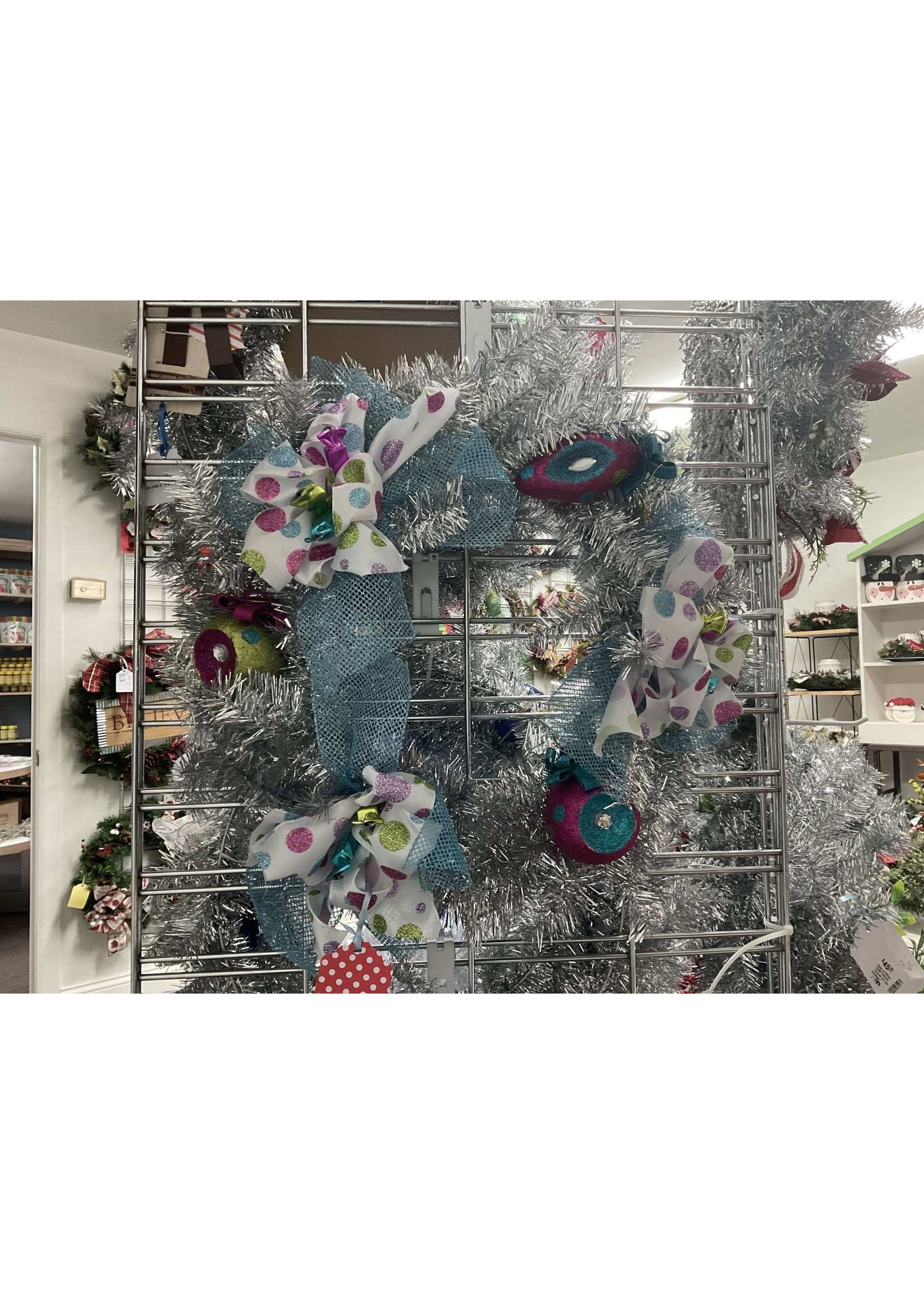 My New Favorite Thing Wreath Silver Tinsel with Ornaments and Multi Color Polka Dot Ribbon 20 inches