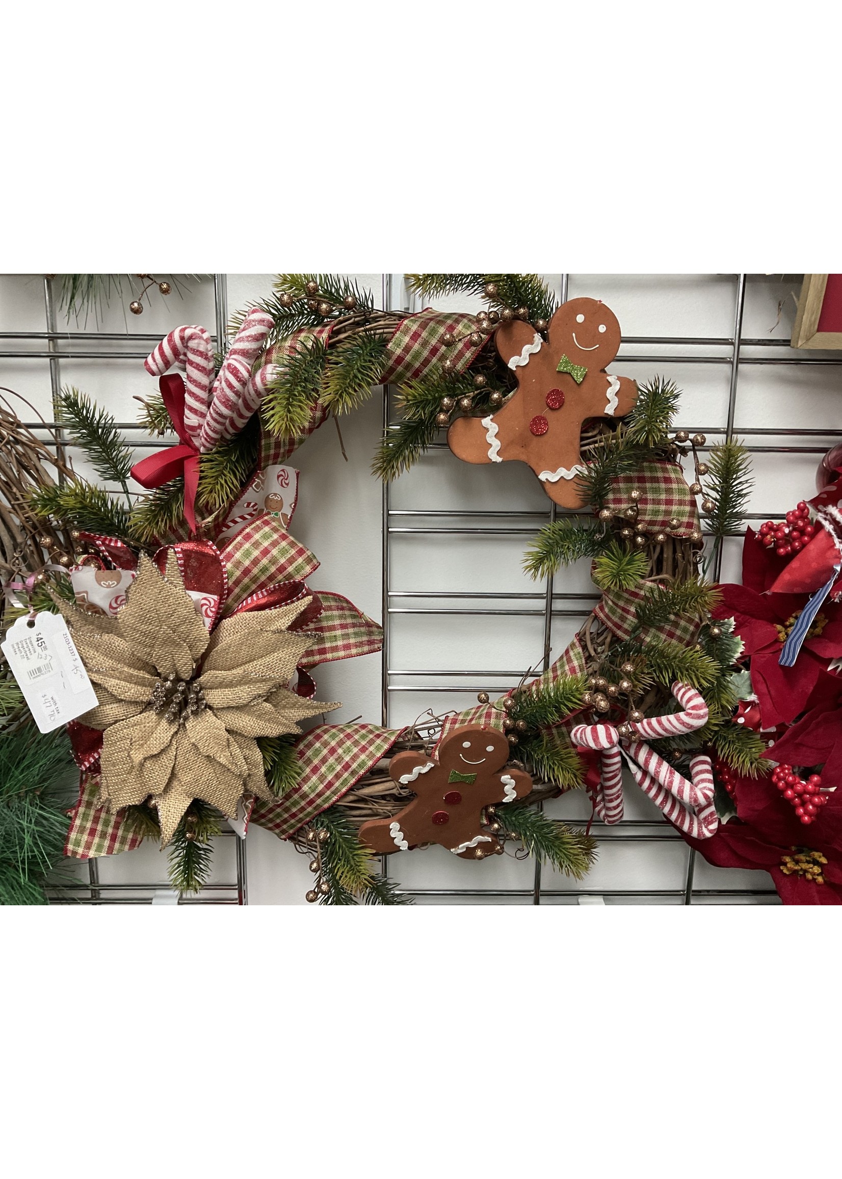 My New Favorite Thing Wreath Grapevine and Evergreen with Gingerbread, Candy Canes and Poinsettias 22 inches