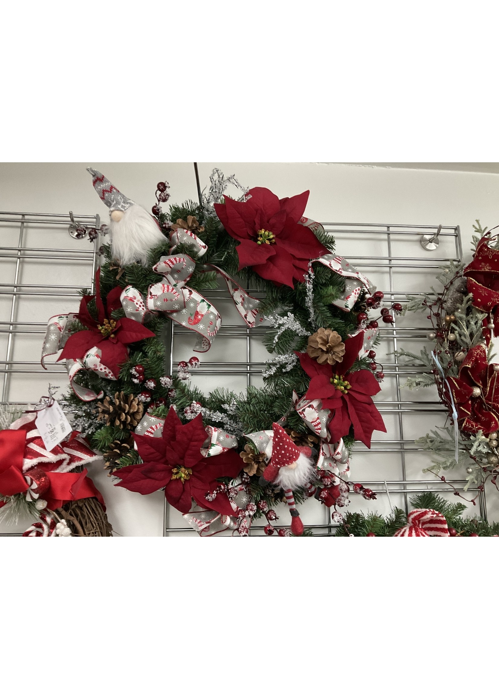 My New Favorite Thing Wreath Evergreen with Gnomes, Red Poinsettias and Gray Gnome Ribbon