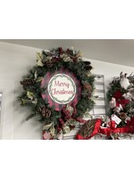 My New Favorite Thing Wreath Evergreen "Merry Christmas" with Red Buffalo and Mistletoe Ribbons 22 inch