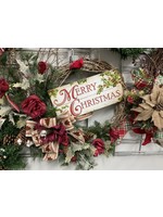 My New Favorite Thing Wreath Evergreen "Merry Christmas" with Red Roses and Buffalo Tree Ribbon