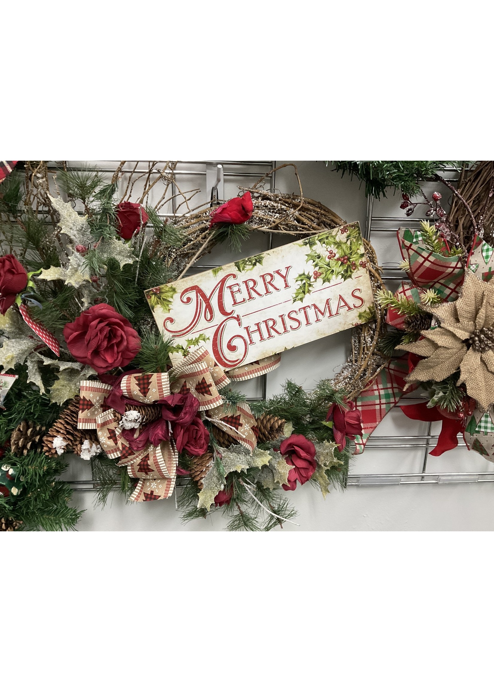My New Favorite Thing Wreath Evergreen "Merry Christmas" with Red Roses and Buffalo Tree Ribbon