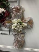 My New Favorite Thing Wreath Cross Gold, Silver & Metal Tones "Welcome" with White Tulips 18 inch