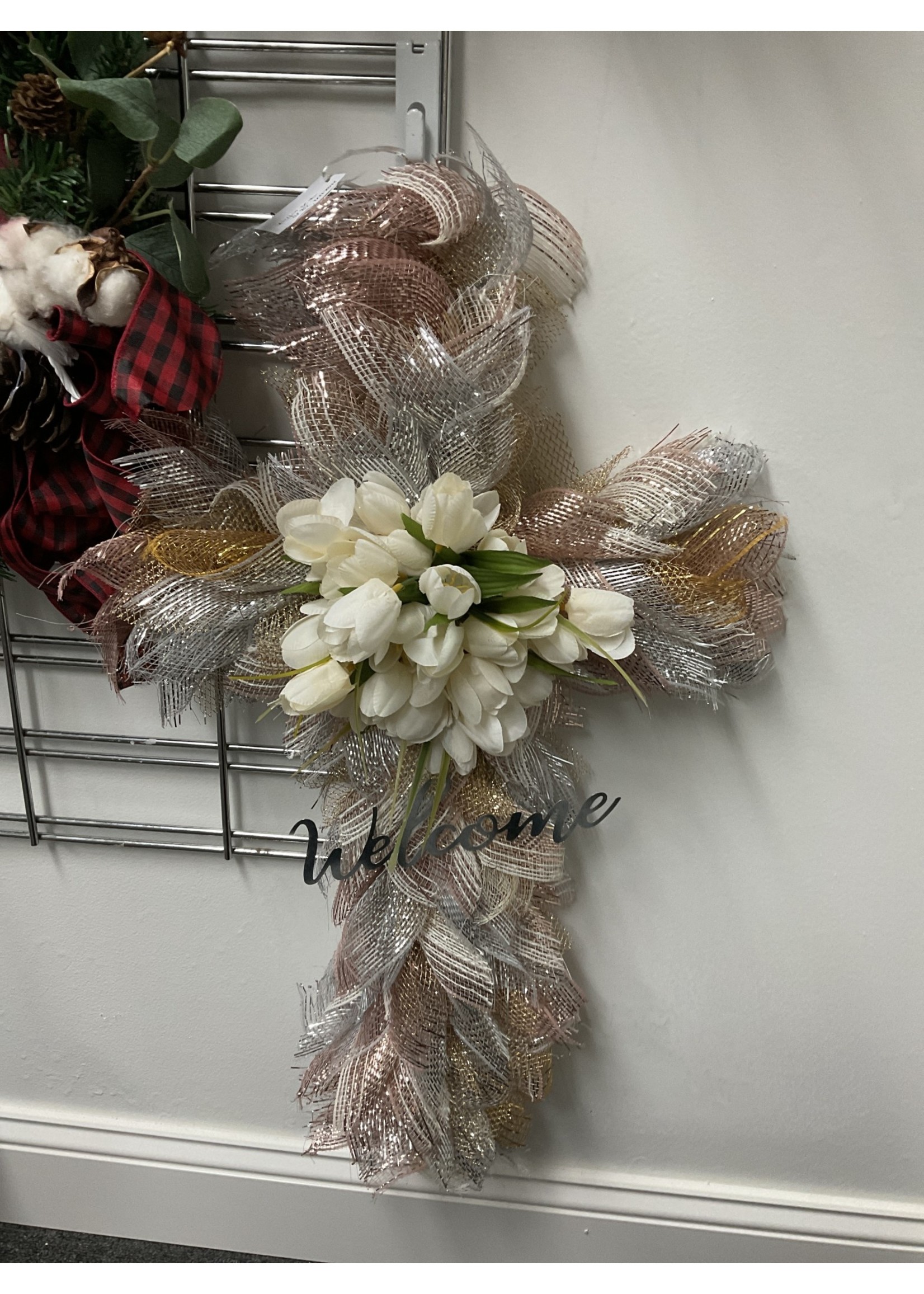 My New Favorite Thing Wreath Cross Gold, Silver & Metal Tones "Welcome" with White Tulips 18 inch