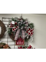 My New Favorite Thing Wreath Grapevine "Joy to the World" with Red Poinsettias and Gray Plaid Ribbon