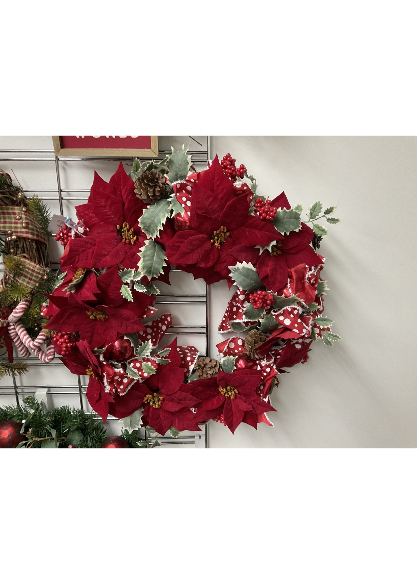 My New Favorite Thing Wreath Grapevine with Poinsettias and Red Polka Dot Ribbon 24 inch