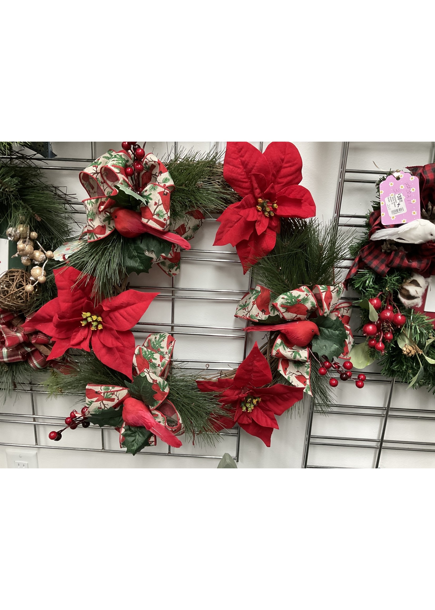 My New Favorite Thing Wreath Grapevine w Greenery, Cardinals, Poinsettias and Cardinal Ribbon 19 inches