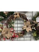 My New Favorite Thing Wreath Grapevine with Gold Reindeer, Burlap Poinsettias and Red Plaid Ribbon