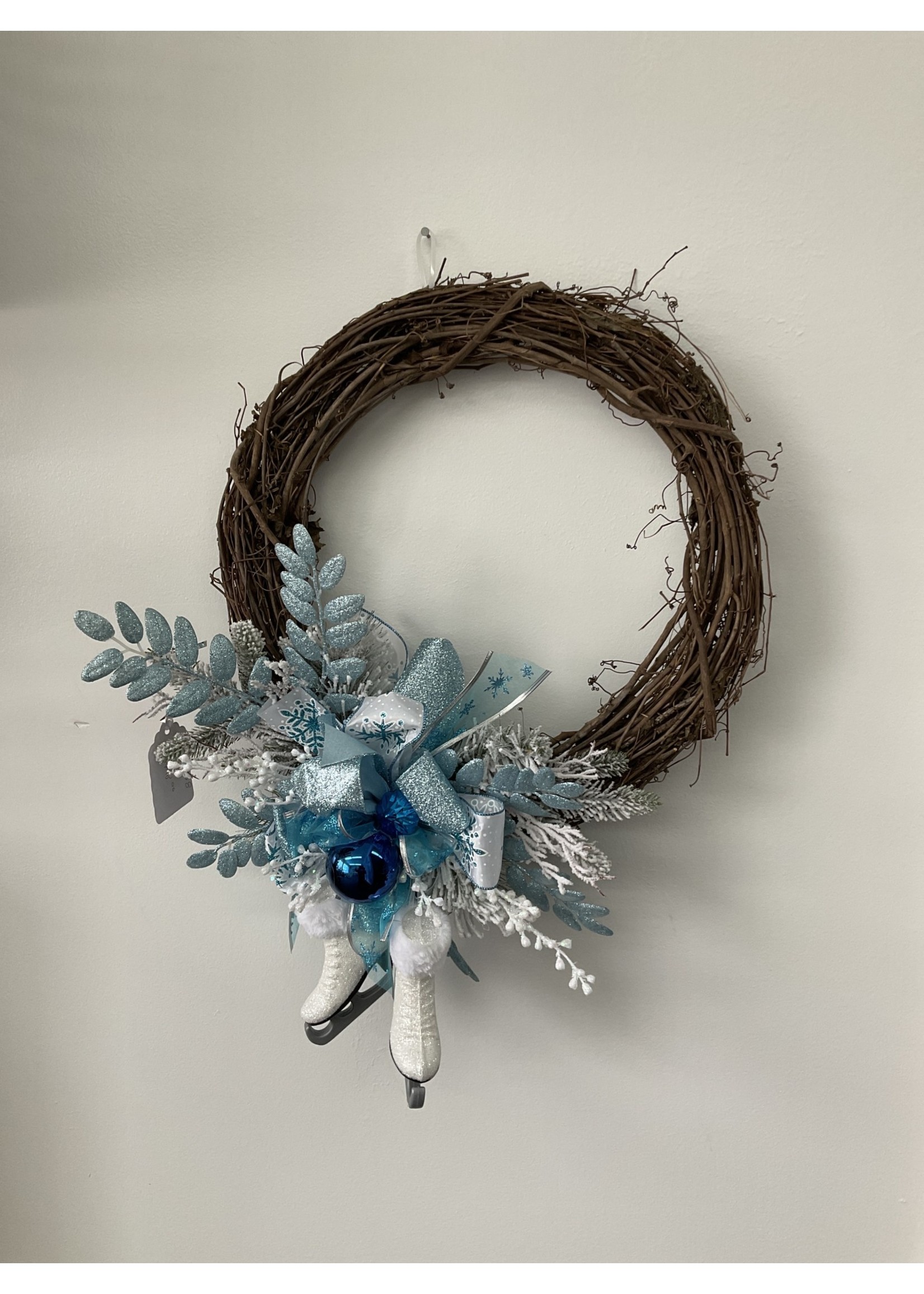 My New Favorite Thing Wreath Grapevine Silver and Blue w/Skates 19 inch