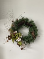 My New Favorite Thing Wreath Grapevine with Greenery, Pinecones, Bells and Green and Gold Ribbons