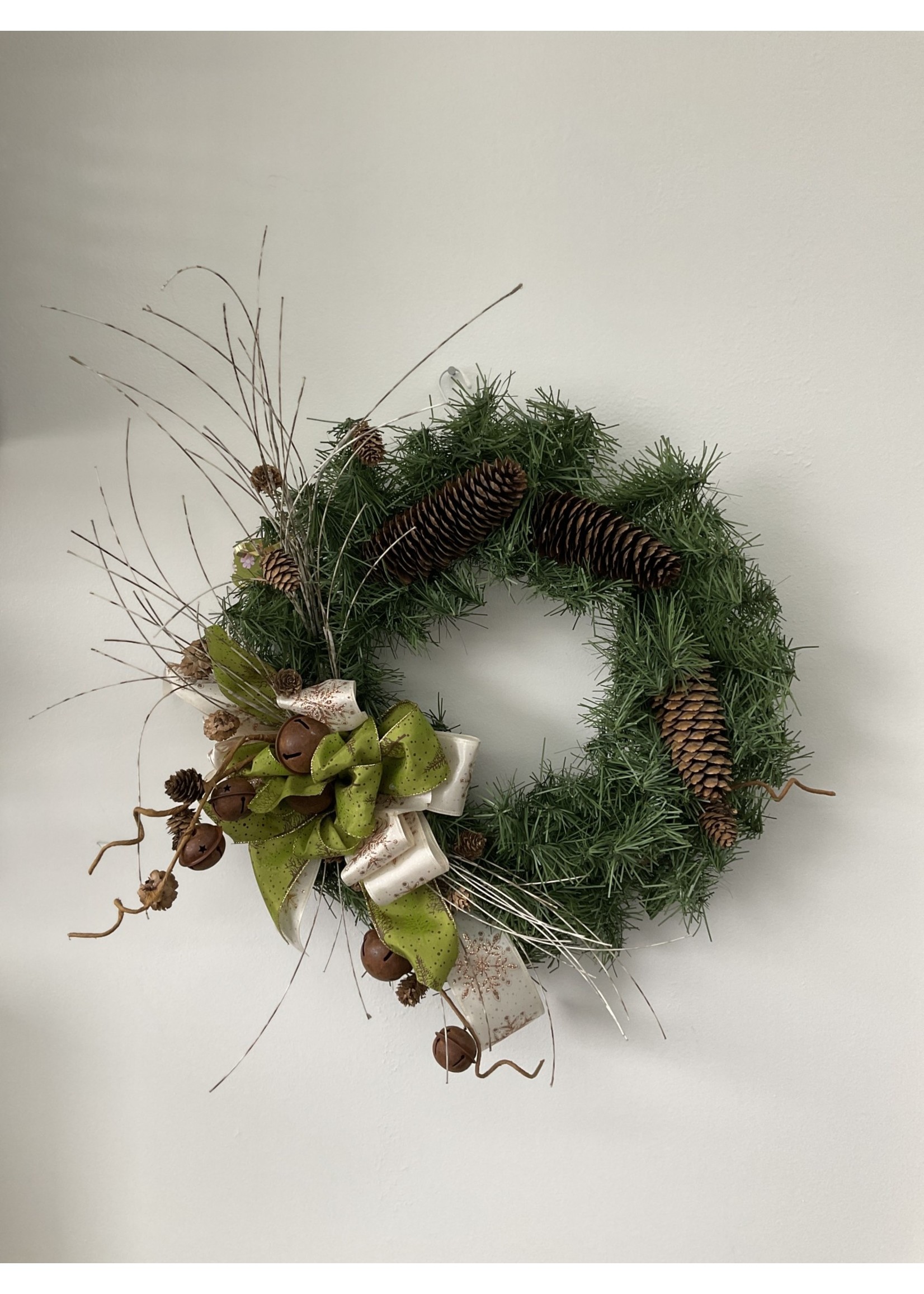 My New Favorite Thing Wreath Grapevine with Greenery, Pinecones, Bells and Green and Gold Ribbons