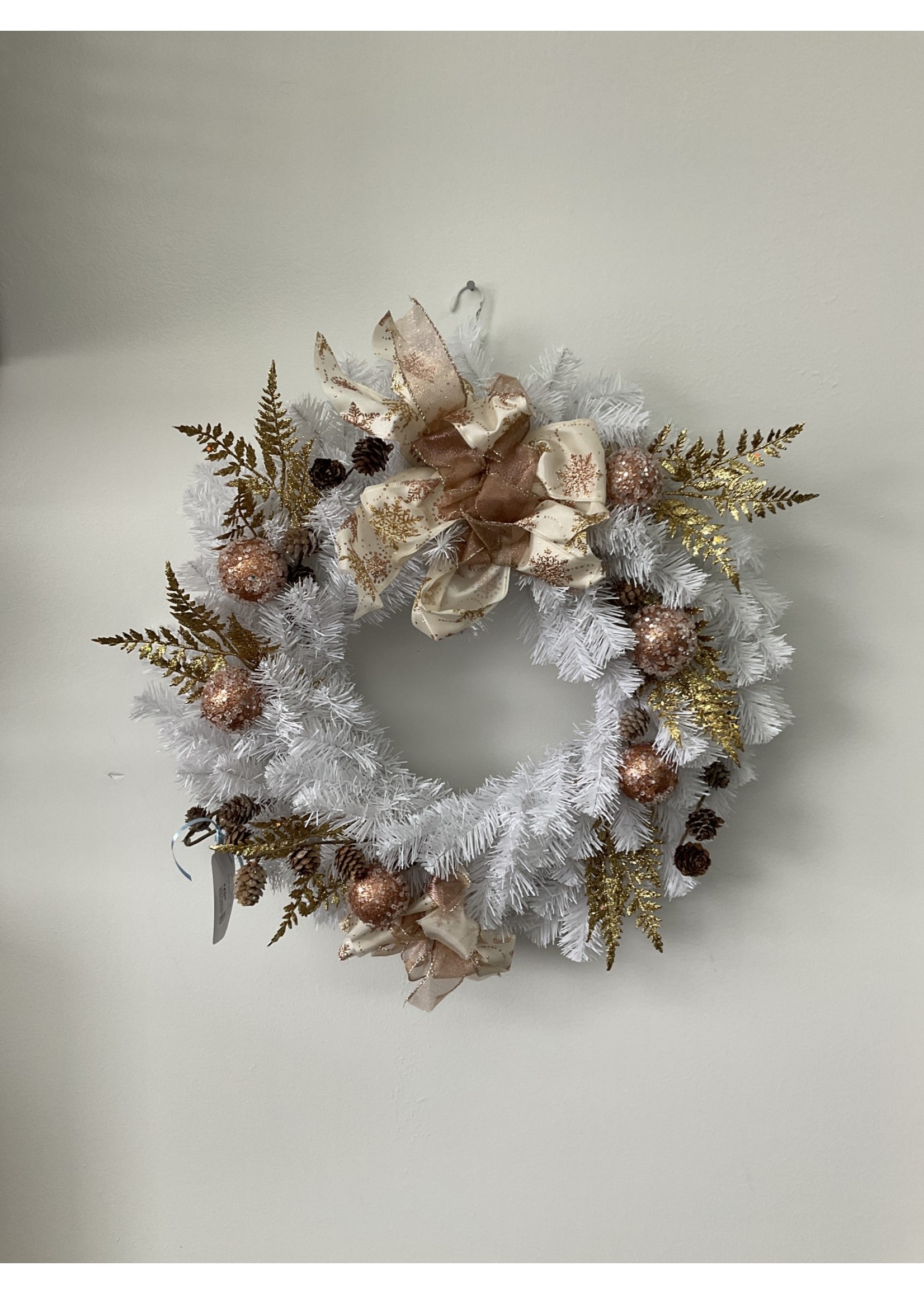 My New Favorite Thing Wreath Evergreen White with Gold Accents and Gold Ribbon 22 inches