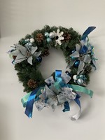 My New Favorite Thing Wreath Evergreen with Silver Poinsettia and Blue Ribbon 24 inch