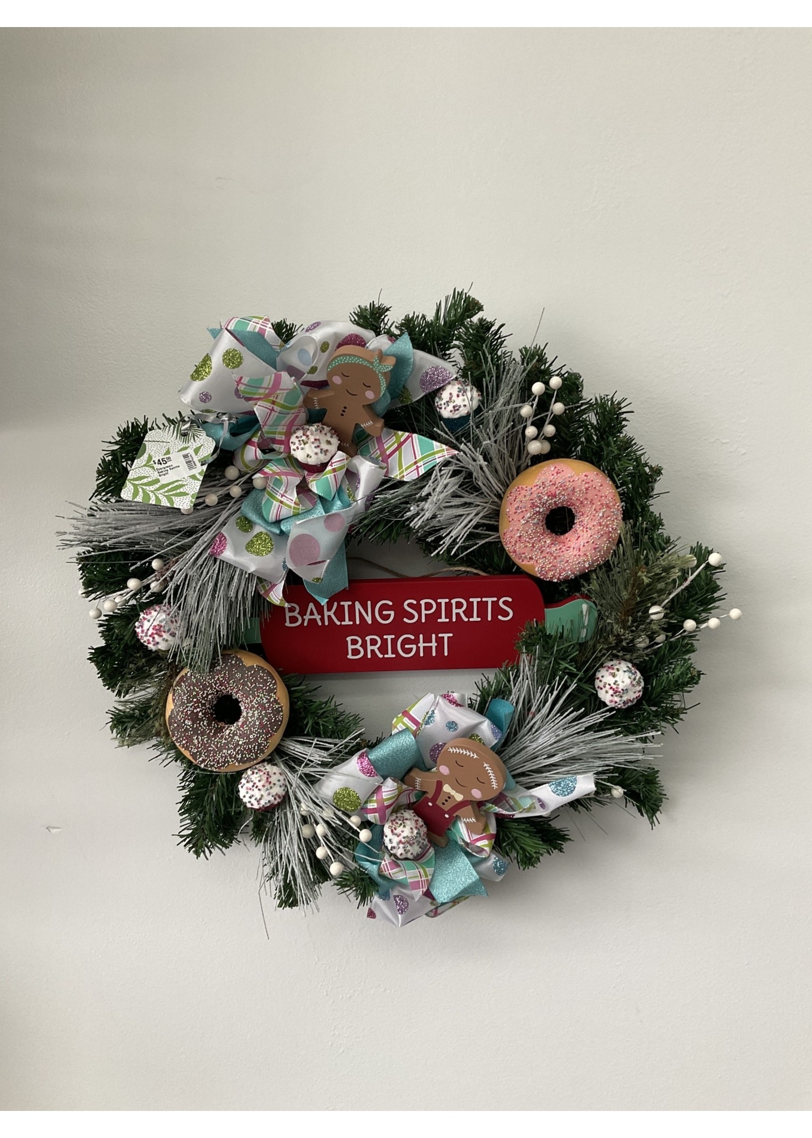 My New Favorite Thing Wreath Evergreen "Baking Spirits Bright" with Gingerbread, Donuts and Polka Dot Ribbon