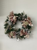 My New Favorite Thing Wreath Evergreen with Rose Gold Glitter and Snowflake Ribbon