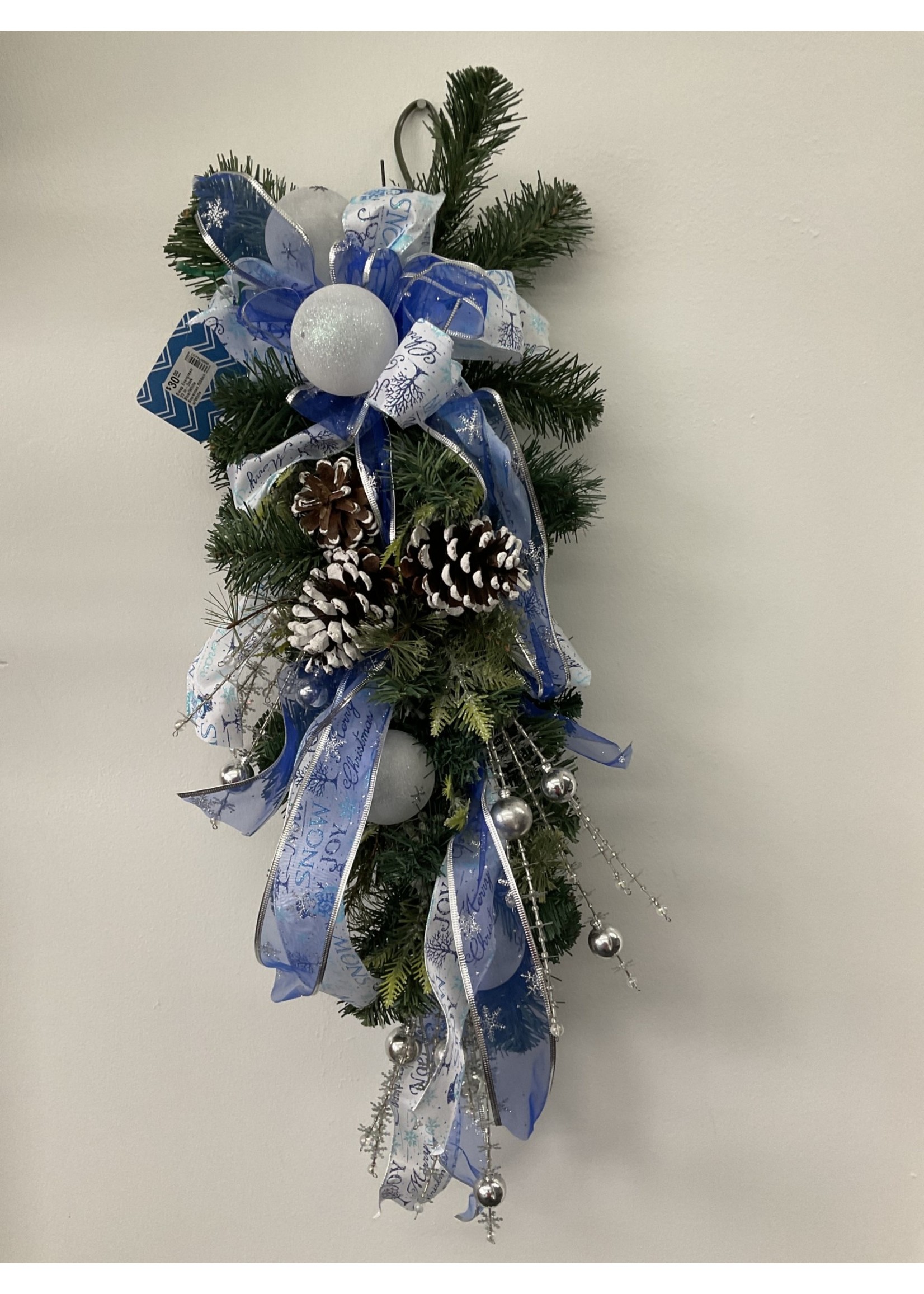 My New Favorite Thing Swag Evergreen Dark Blue/White Snowman Ribbon w/White Pinecones 33 inches