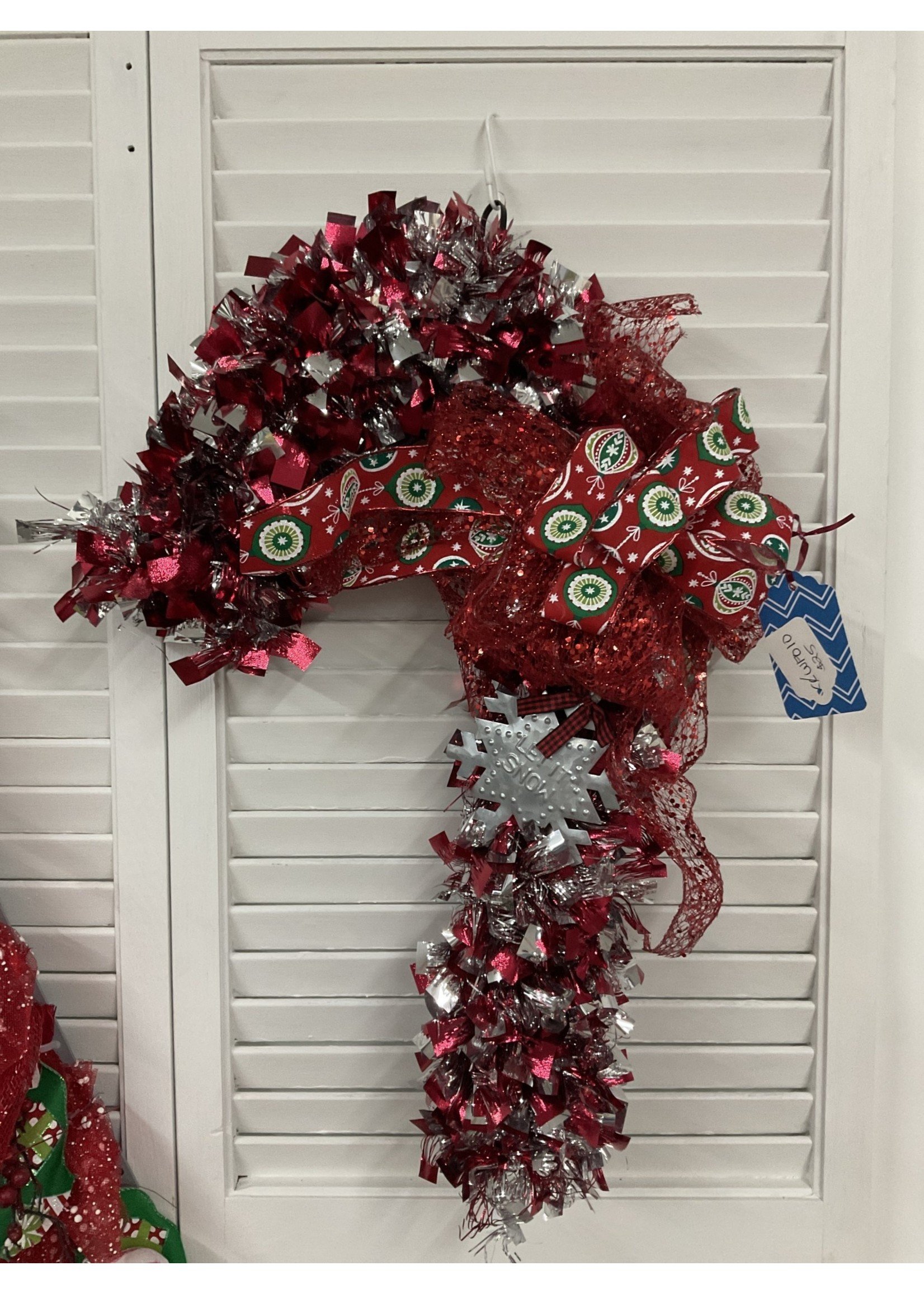 My New Favorite Thing Wreath Candy Cane Red Tinsel with "Let It Snow" and Red Ornament Ribbon