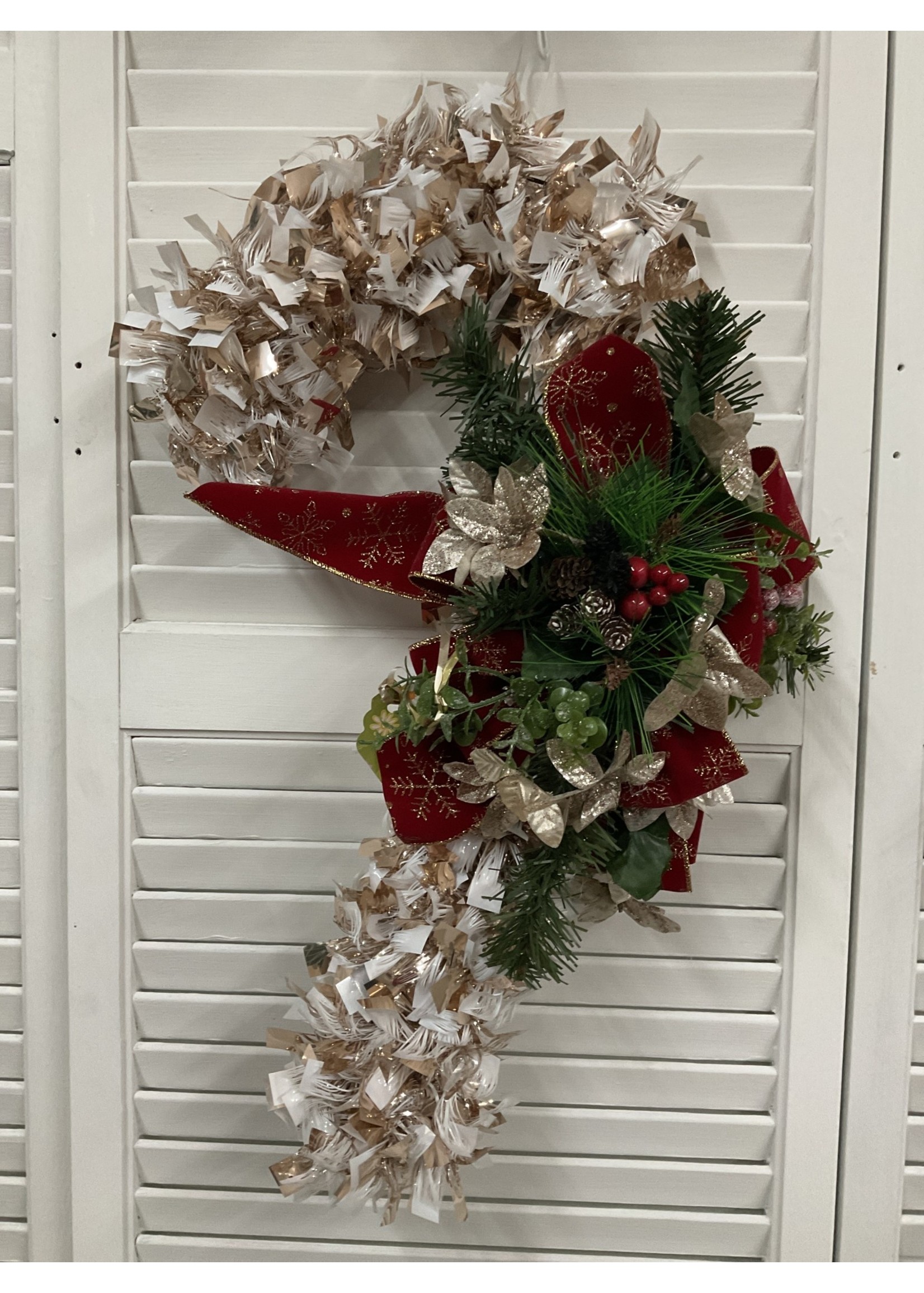 My New Favorite Thing Wreath Candy Cane White & Gold Base, Pinecones, Berries and Red Ribbon