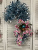 My New Favorite Thing Wreath Candy Cane Blue Tinsel with Ornaments and Pink Ornament Ribbon