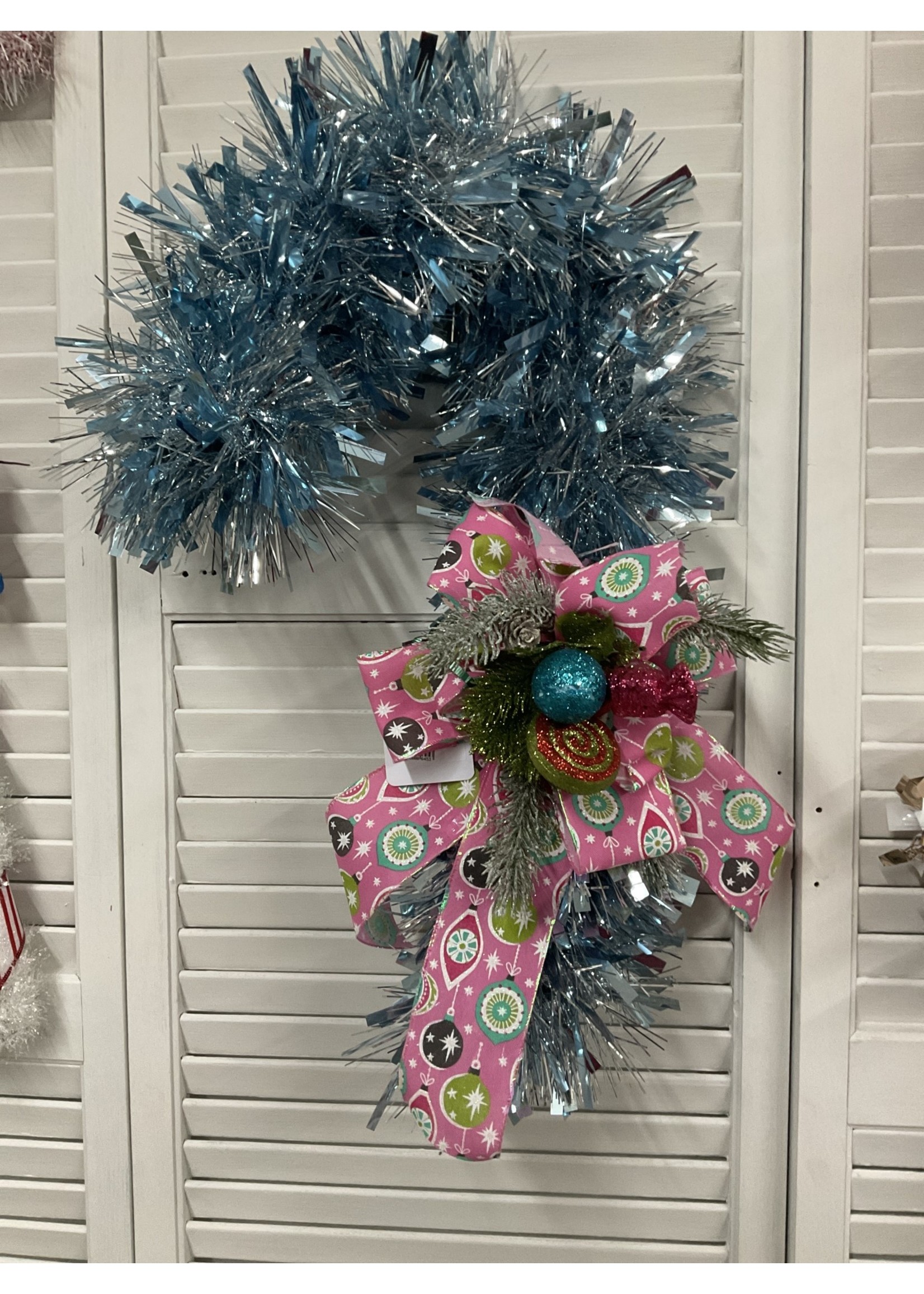 My New Favorite Thing Wreath Candy Cane Blue Tinsel with Ornaments and Pink Ornament Ribbon
