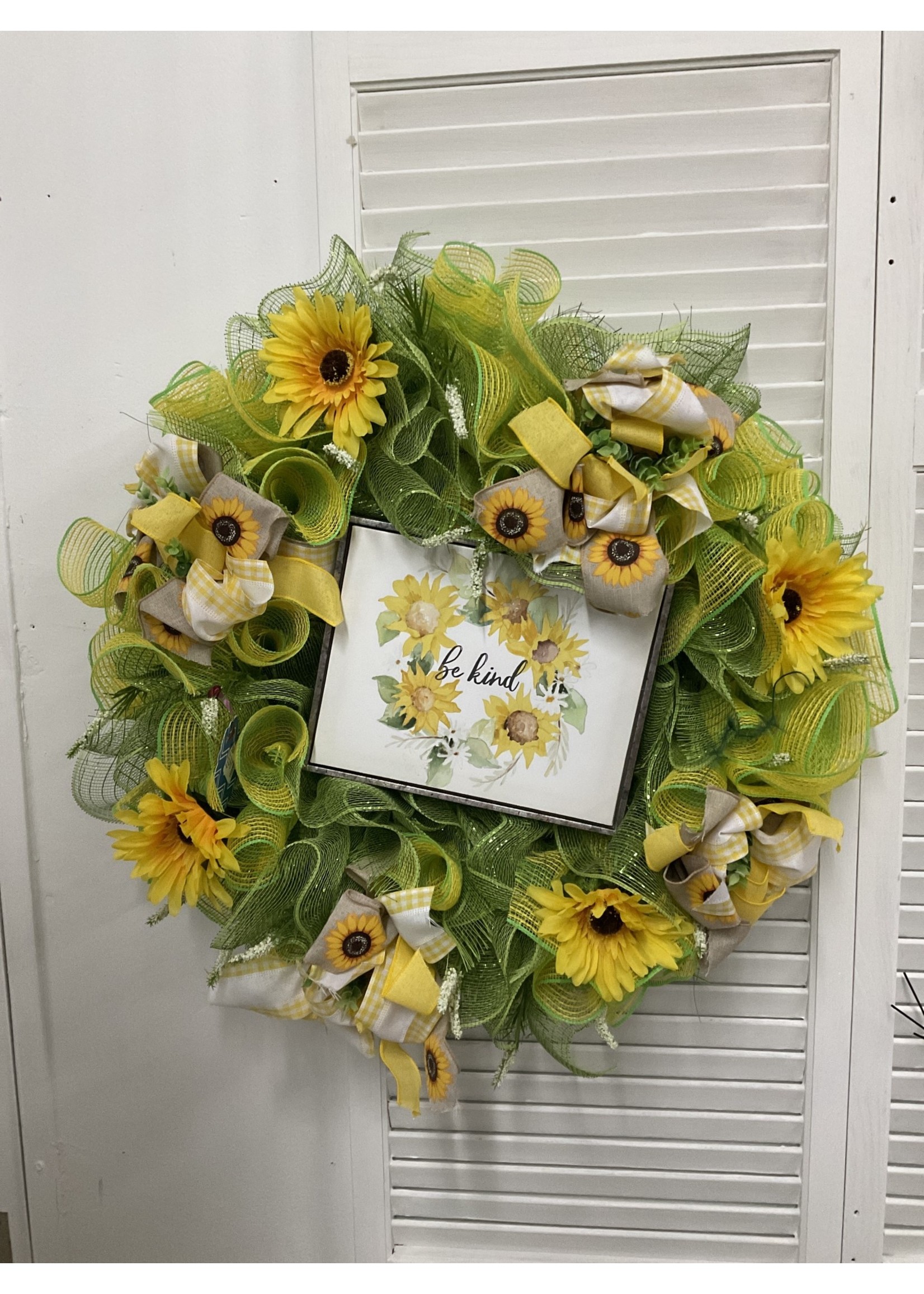 My New Favorite Thing Wreath Mesh 26 in-"Be Kind" Green with Sunflowers and Yellow Ribbon