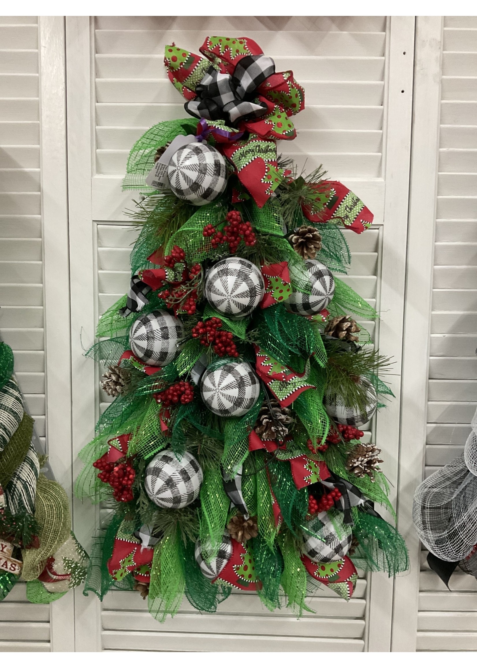 My New Favorite Thing Wreath Tree Green with Black Buffalo Check Ornaments 26 inches
