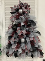 My New Favorite Thing Wreath Tree Mesh with Black and Silver Ornaments and Grey and Red Plaid Ribbon