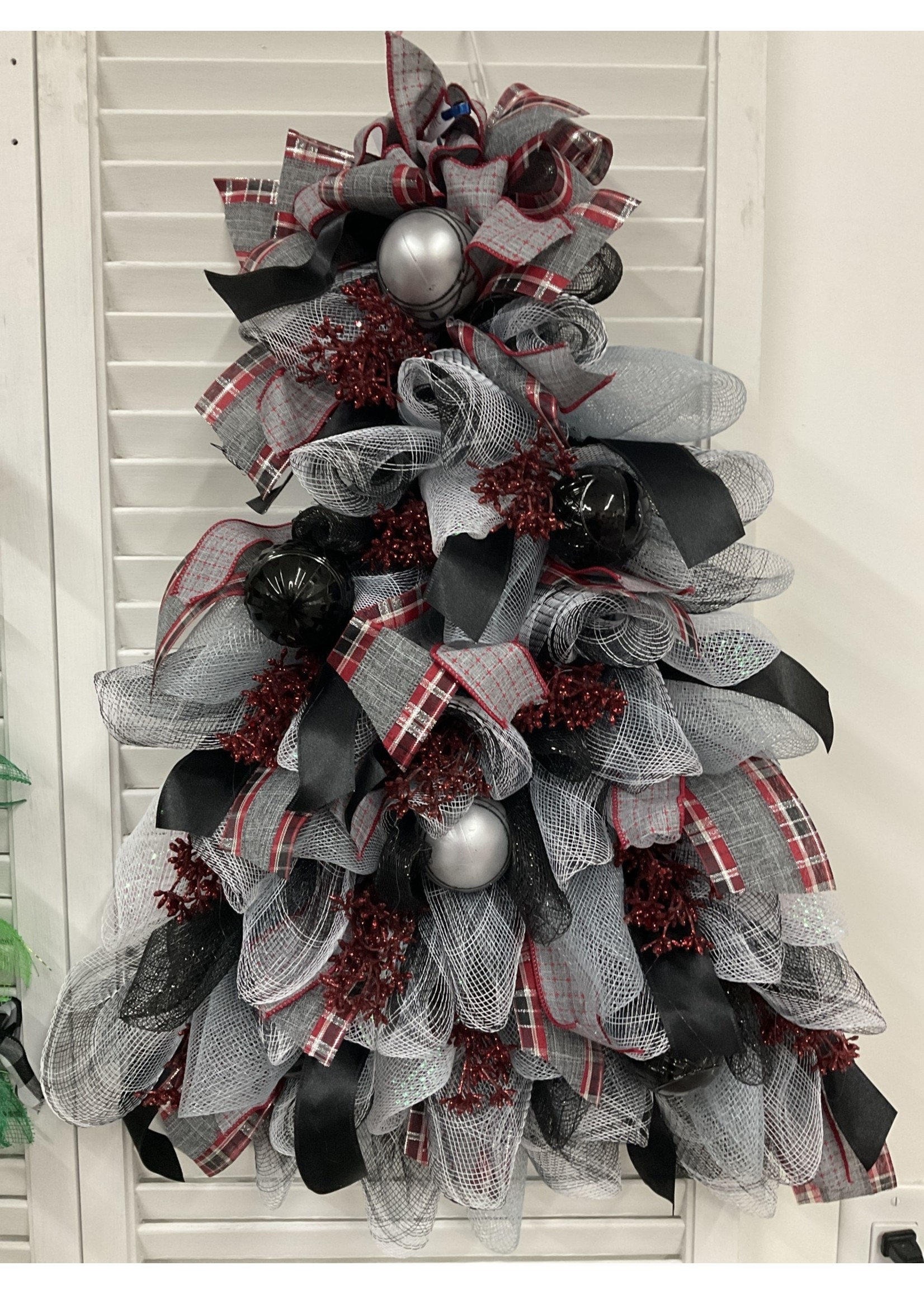 My New Favorite Thing Wreath Tree Mesh with Black and Silver Ornaments and Grey and Red Plaid Ribbon