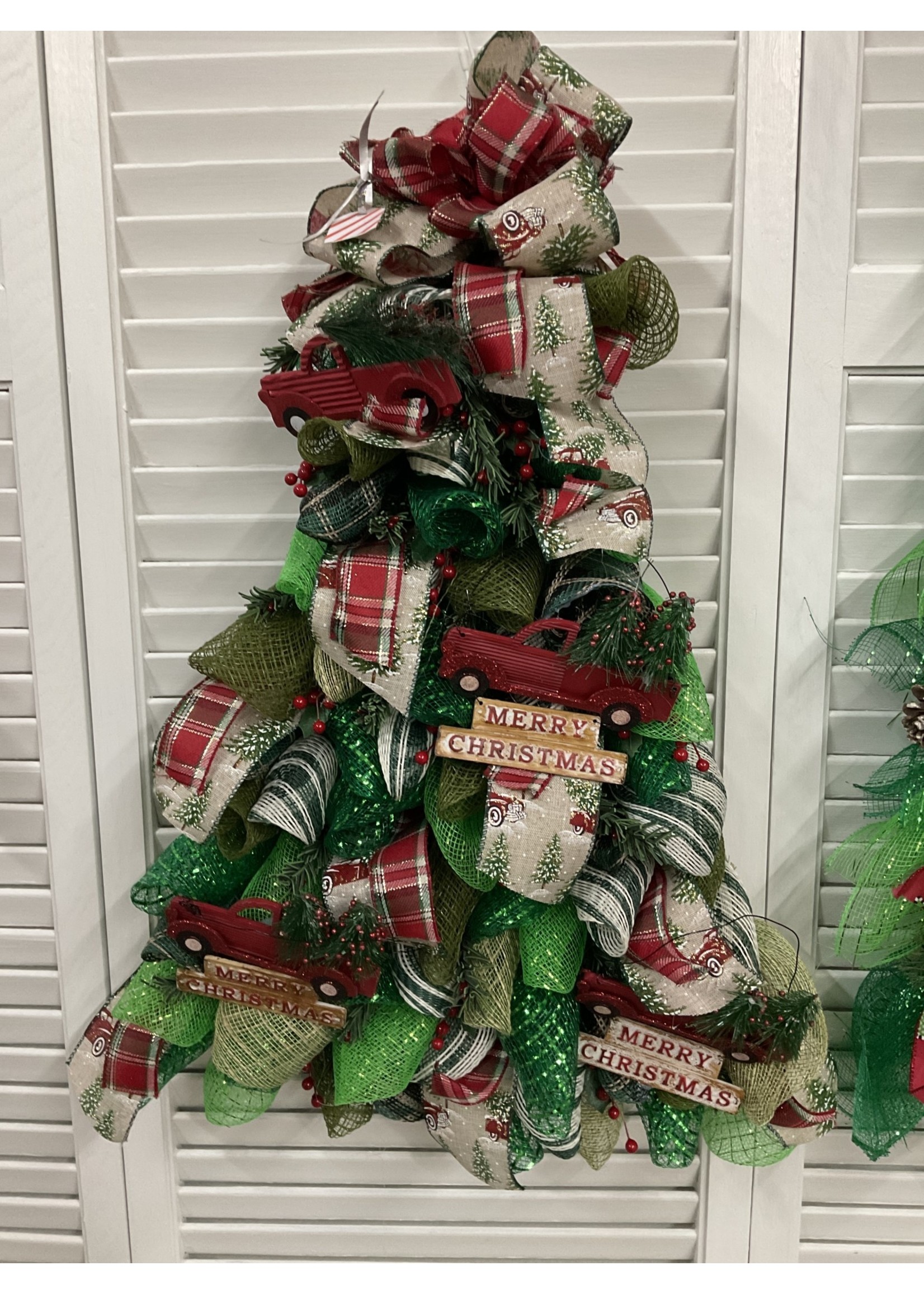 My New Favorite Thing Wreath Tree Mesh Green "Merry Christmas" with Red Plaid and Truck Ribbons