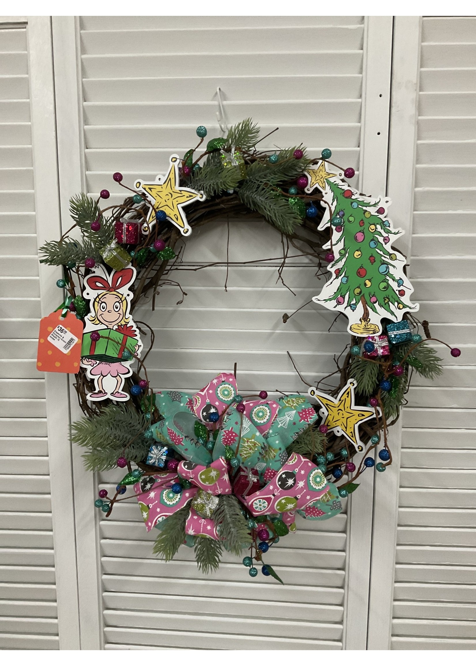 My New Favorite Thing Wreath Grapevine with Evergreen "Grinch" Theme 18 inches