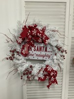 My New Favorite Thing Wreath Evergreen White "Dear Santa Define Naughty" with Red Snowflake Ribbon