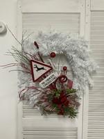 My New Favorite Thing Wreath Evergreen White "Reindeer Crossing" with Green and Red Ribbon 22 inches