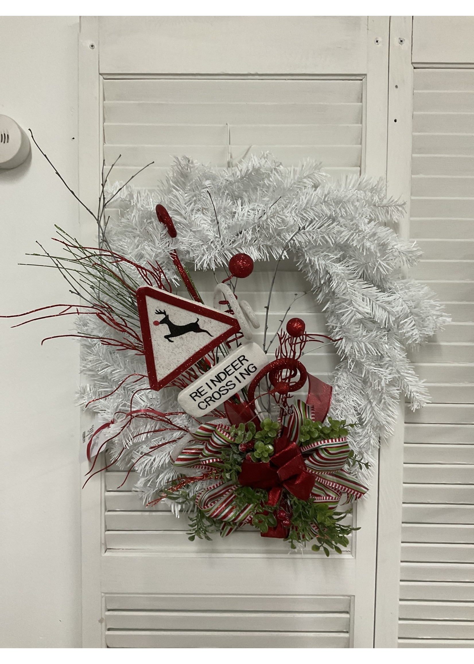 My New Favorite Thing Wreath Evergreen White "Reindeer Crossing" with Green and Red Ribbon 22 inches