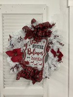 My New Favorite Thing Wreath Evergreen White "This House Believes in Santa" with Poinsettias, Red Plaid Ribbon 22 inches