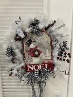 My New Favorite Thing Wreath Evergreen White "Noel" with Snowman and Black Check Ribbon 22 inches
