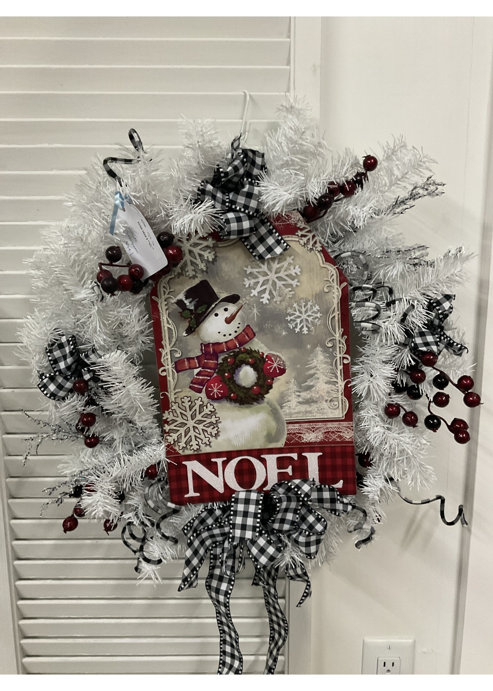 My New Favorite Thing Wreath Evergreen White "Noel" with Snowman and Black Check Ribbon 22 inches