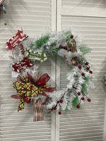 My New Favorite Thing Wreath Evergreen White "Reindeer Crossing" with Red and Green Ribbon 22 inches