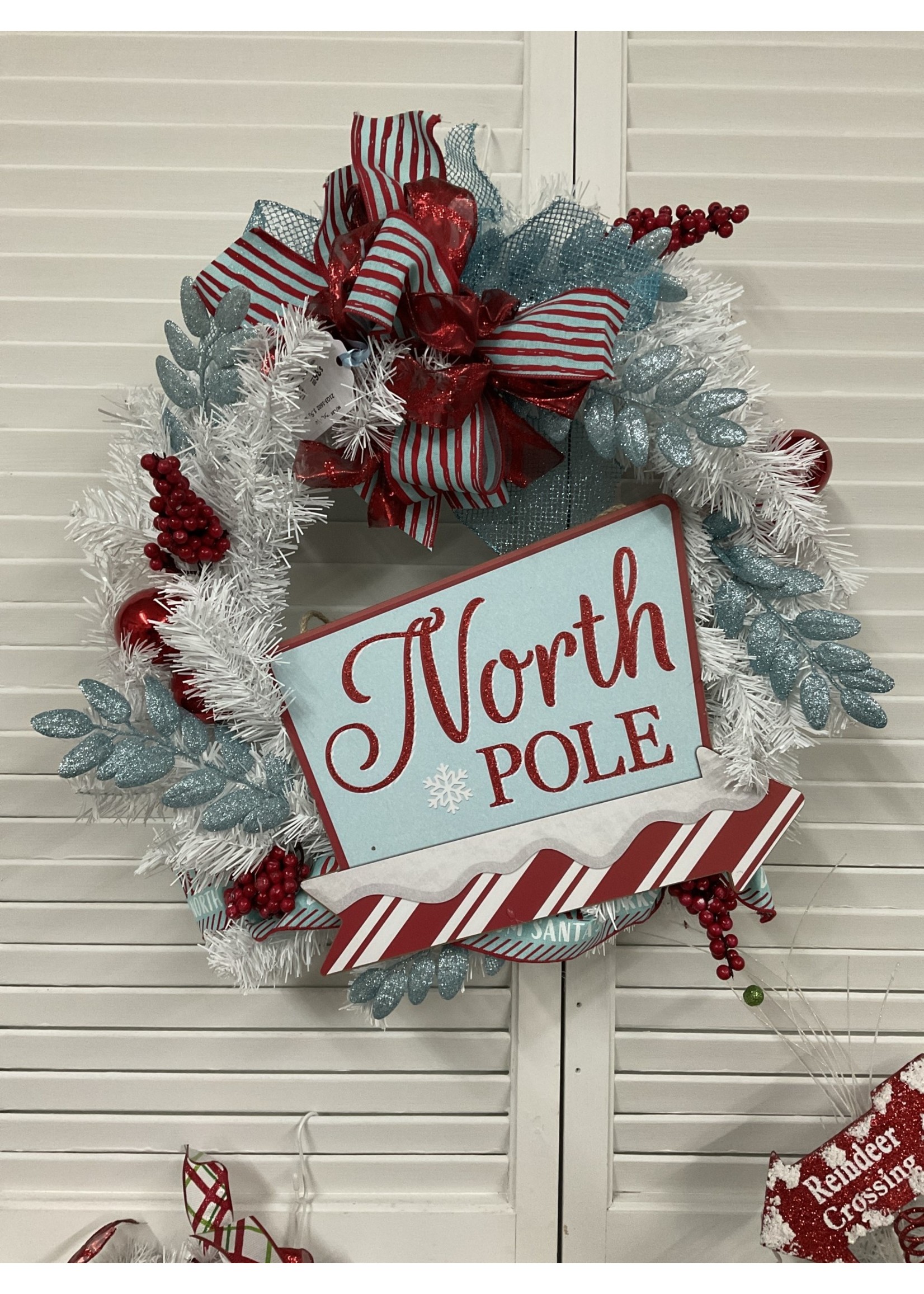 My New Favorite Thing Wreath Evergreen White "North Pole" with Blue and Red Striped Ribbon 21 inches