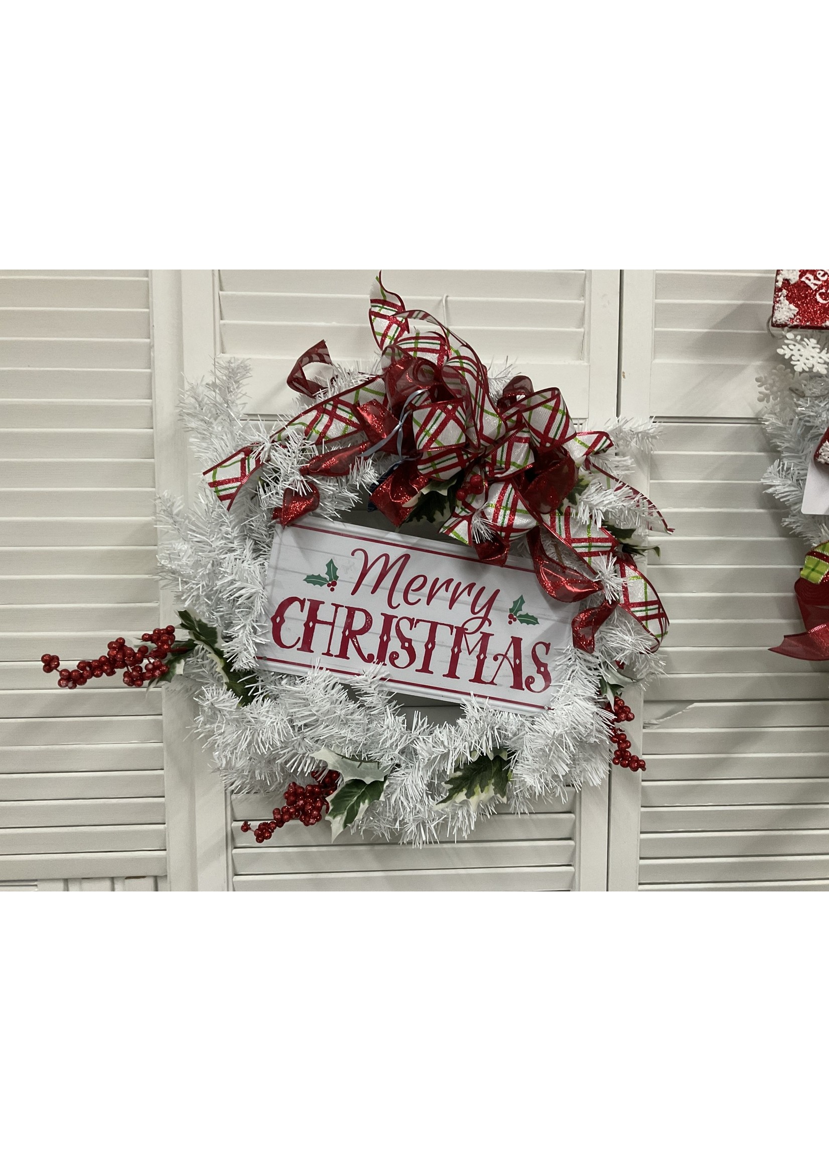 My New Favorite Thing Wreath Evergreen White "Merry Christmas" with Red and Green Ribbon 22 inch