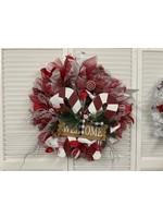 My New Favorite Thing Wreath Mesh Red and White "Welcome" with Candy Canes 22 inches