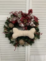 My New Favorite Thing Wreath Evergreen 19 in-Dog Bone with Red Plaid and Dog Ribbon