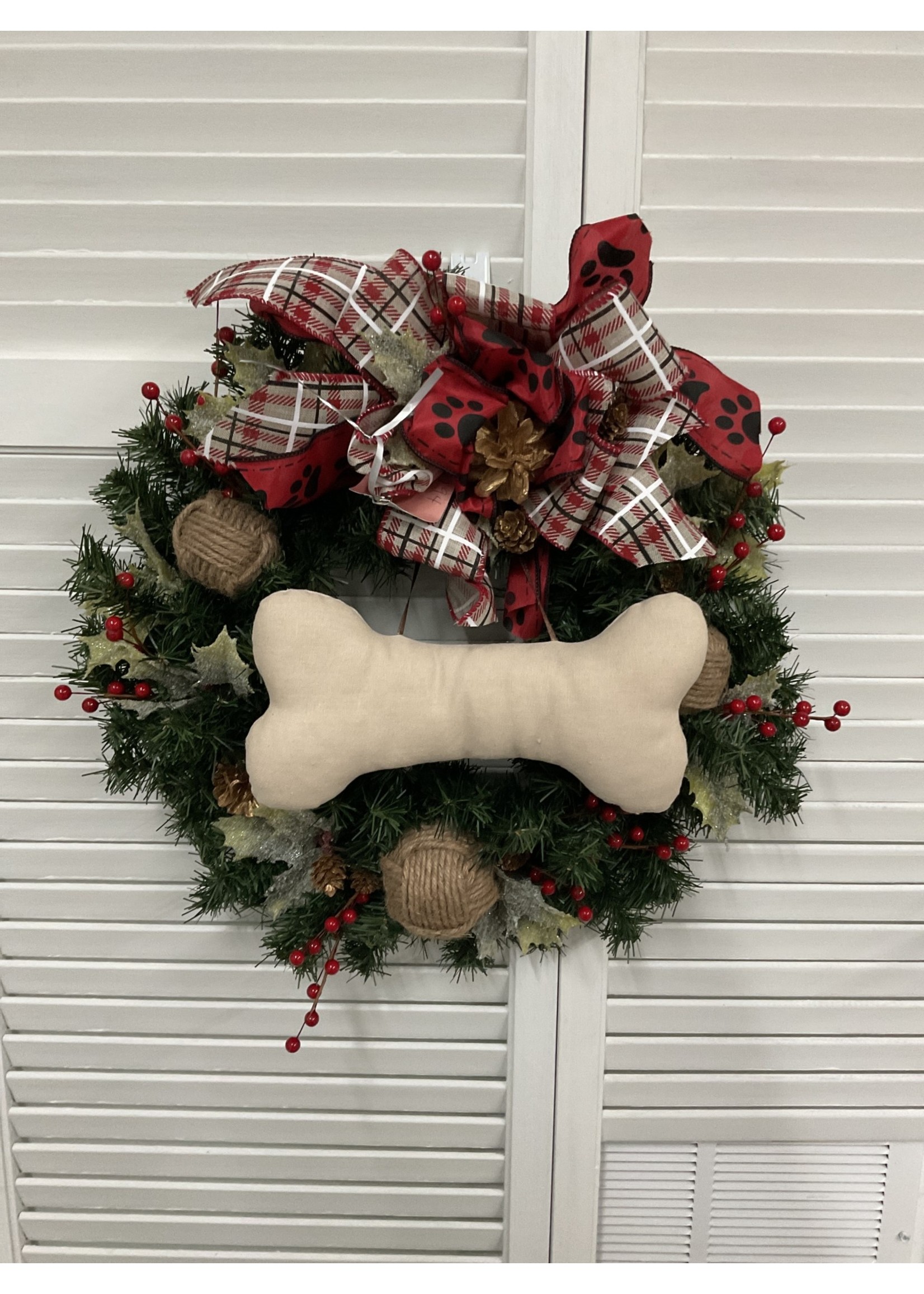 My New Favorite Thing Wreath Evergreen 19 in-Dog Bone with Red Plaid and Dog Ribbon