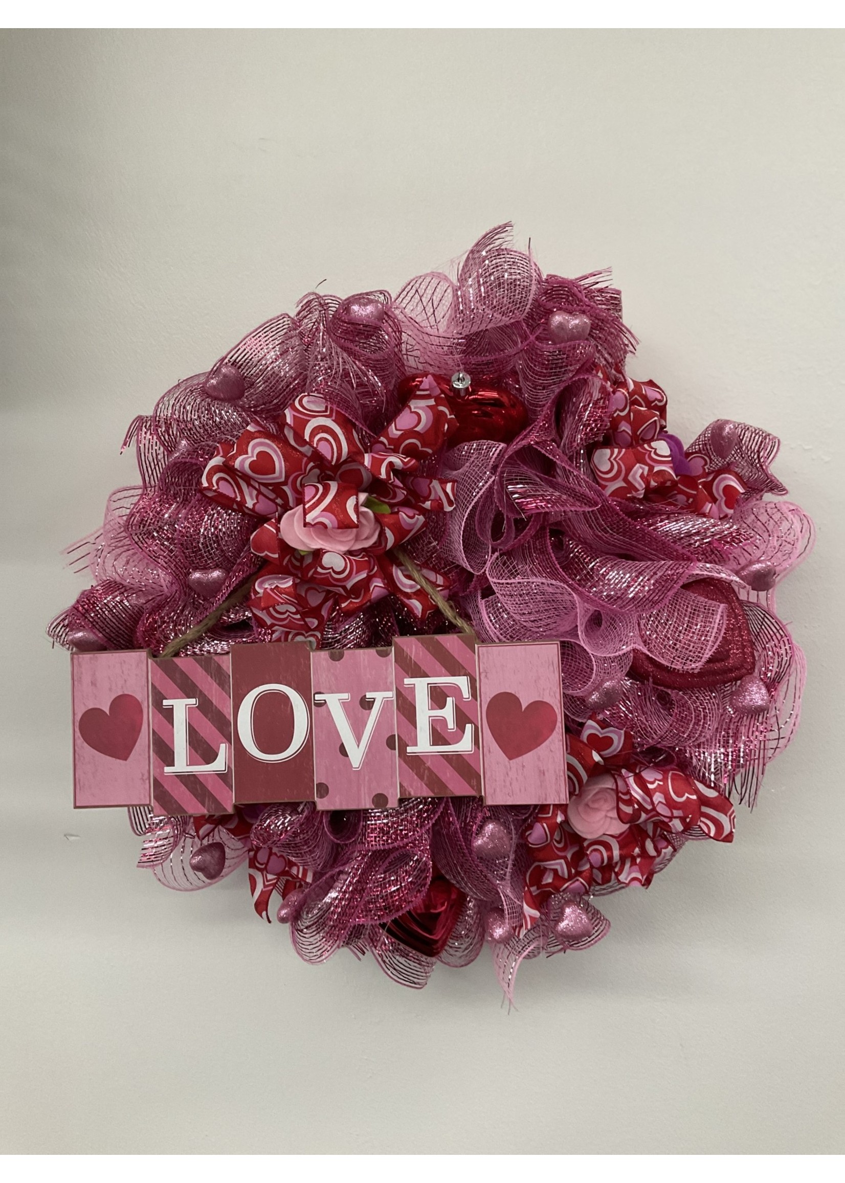 My New Favorite Thing Wreath Mesh Pink and Red "Love" with Red Hearts, Pink Flowers and Heart Ribbon