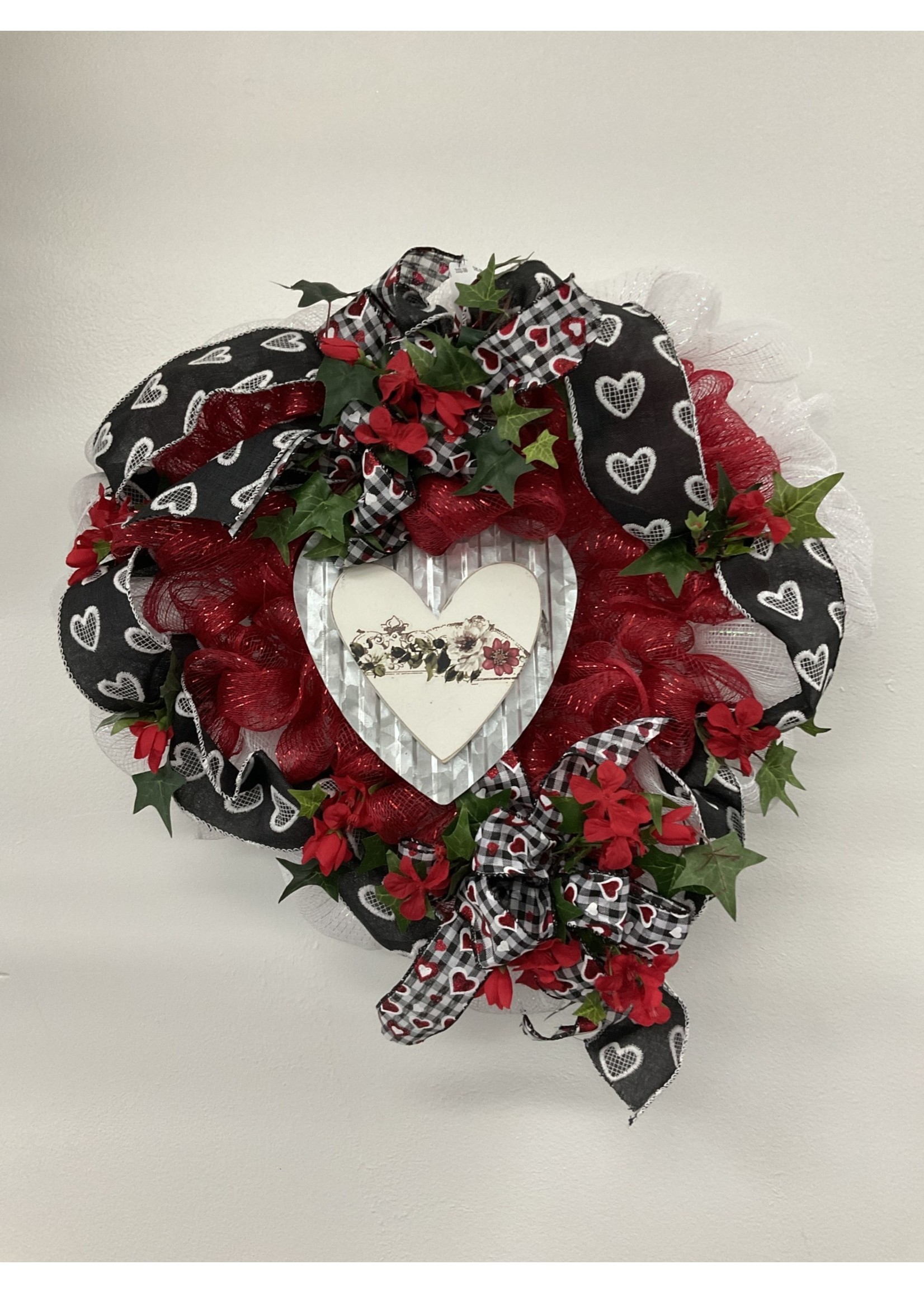 My New Favorite Thing Wreath Mesh Red with Metal Heart Sign and Black Heart Ribbon