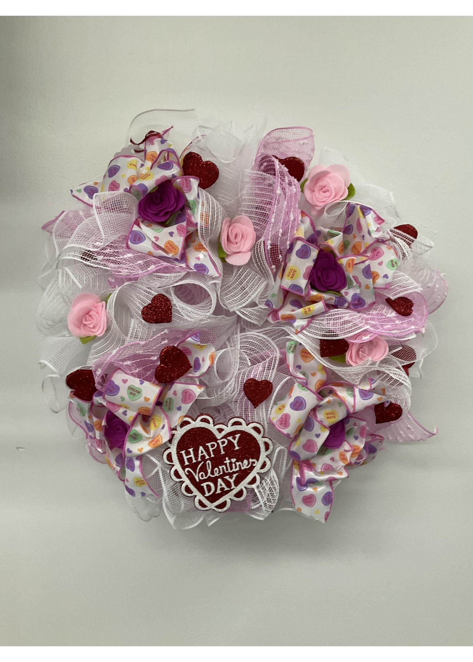 My New Favorite Thing Wreath Mesh White and Pink "Happy Valentines Day" with Hearts, Roses and Candy Ribbon