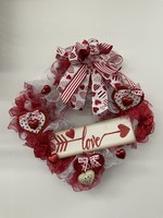 My New Favorite Thing Wreath Mesh "Love" Red & White with Hearts and Heart Ribbon