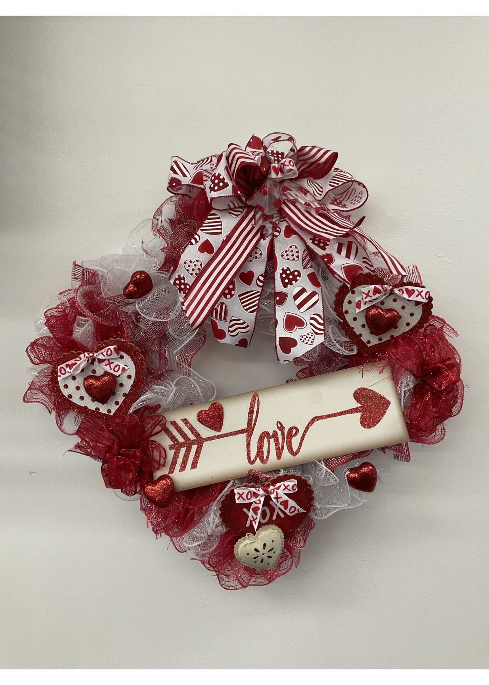 My New Favorite Thing Wreath Mesh "Love" Red & White with Hearts and Heart Ribbon