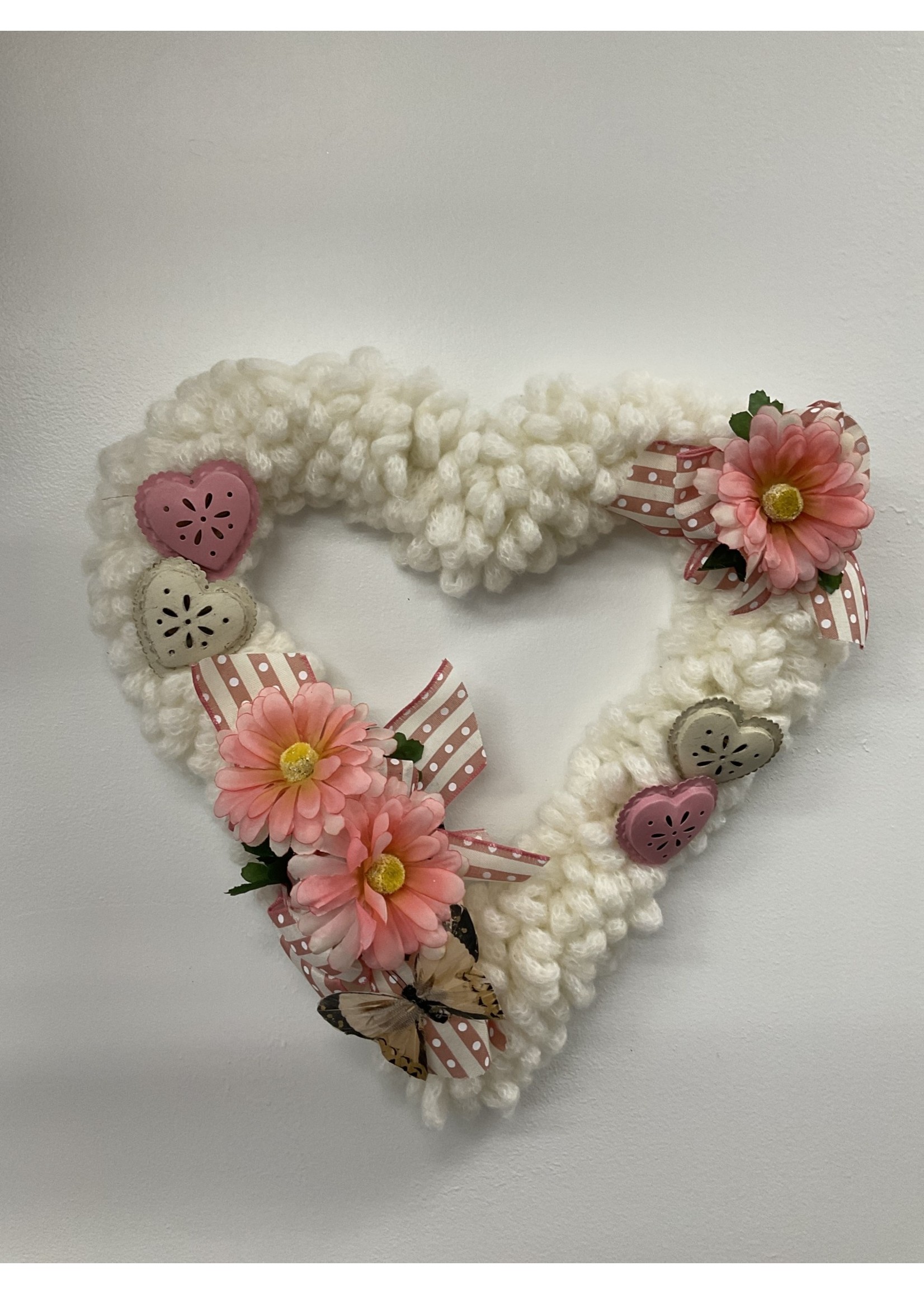 My New Favorite Thing Wreath Yarn Heart Frame White with Pink Flowers, Hearts, Butterfly, Polka Dot Ribbon