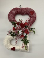 My New Favorite Thing Wreath White Yarn/Red Material Heart Frame with Flowers and Red Heart Ribbon
